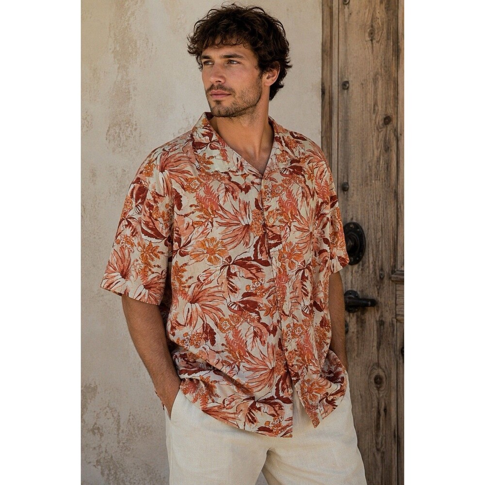 Goodfellow & Co Floral Linen Cotton Shirt XXL Mens Short Sleeve Button Up Tropic